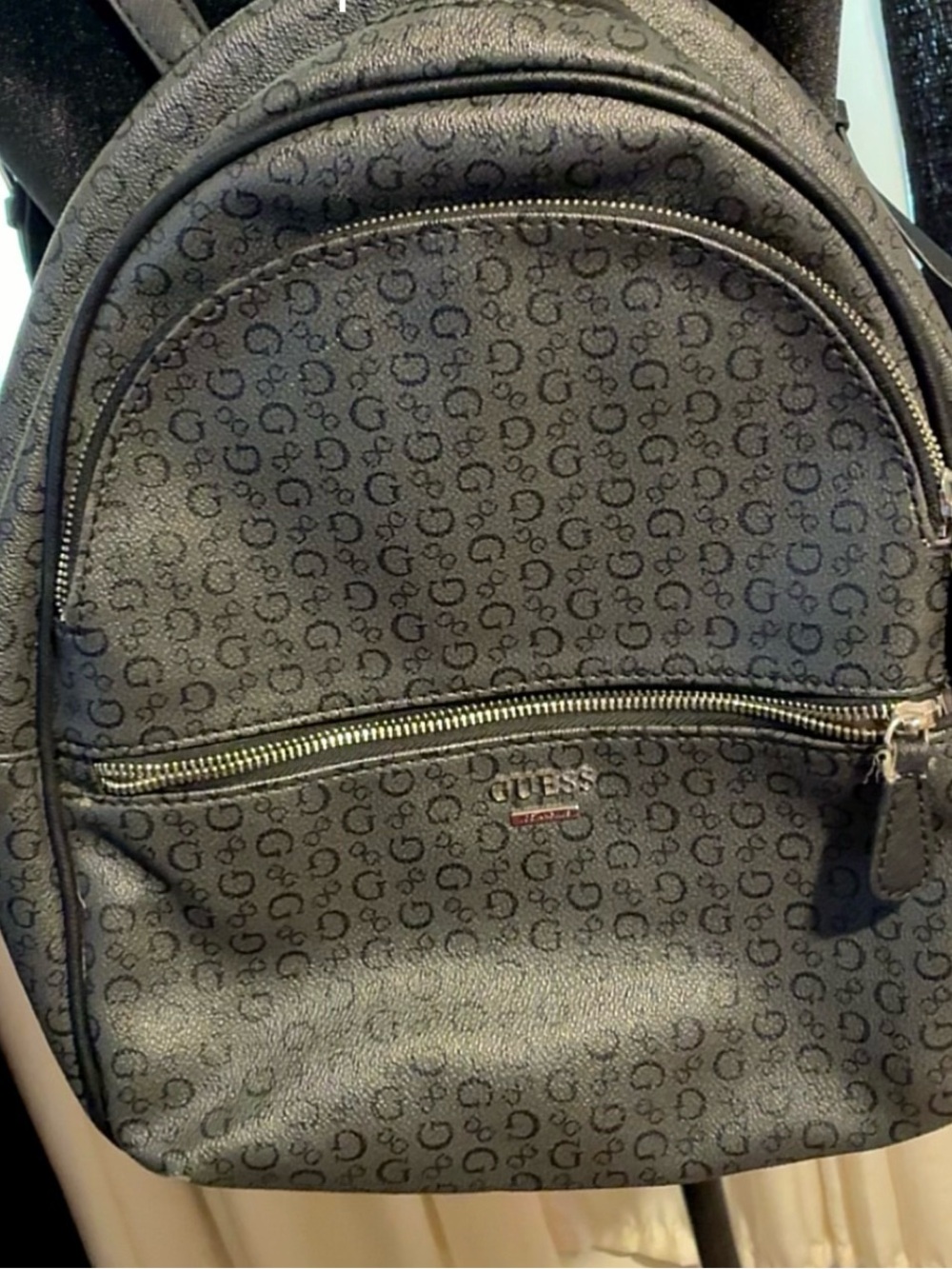 GUESS Black Monogram Men’s Backpack with Front Zip Pocket
